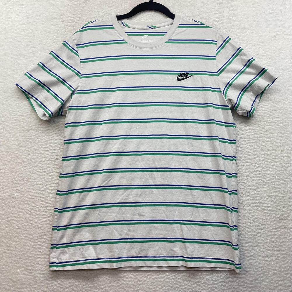 Nike Shirt Mens Large White Green Striped The Nike Tee Embroidered Swoosh Logo - Picture 1 of 11